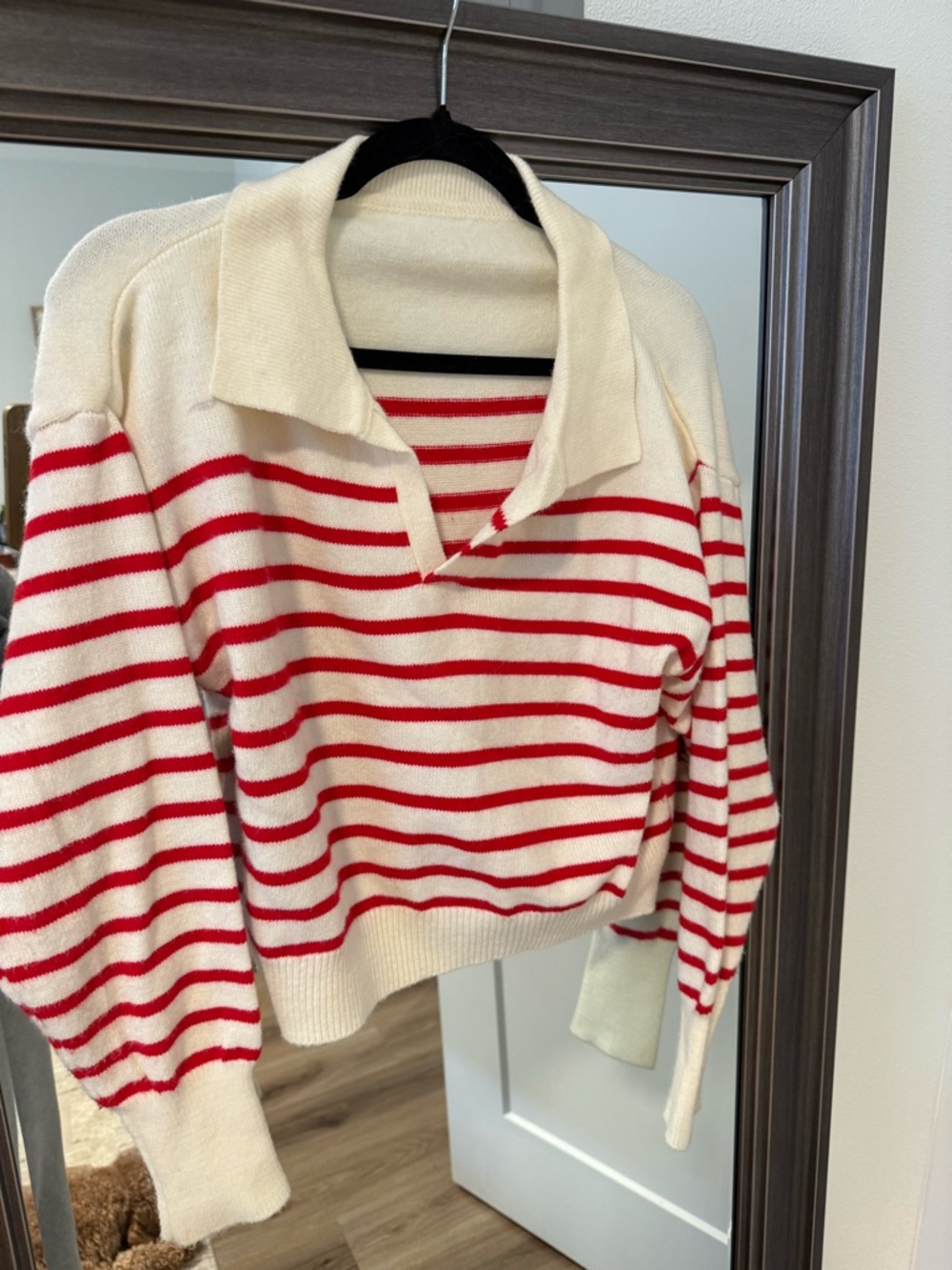 Women’s Cream and Red Striped Collared Sweater
